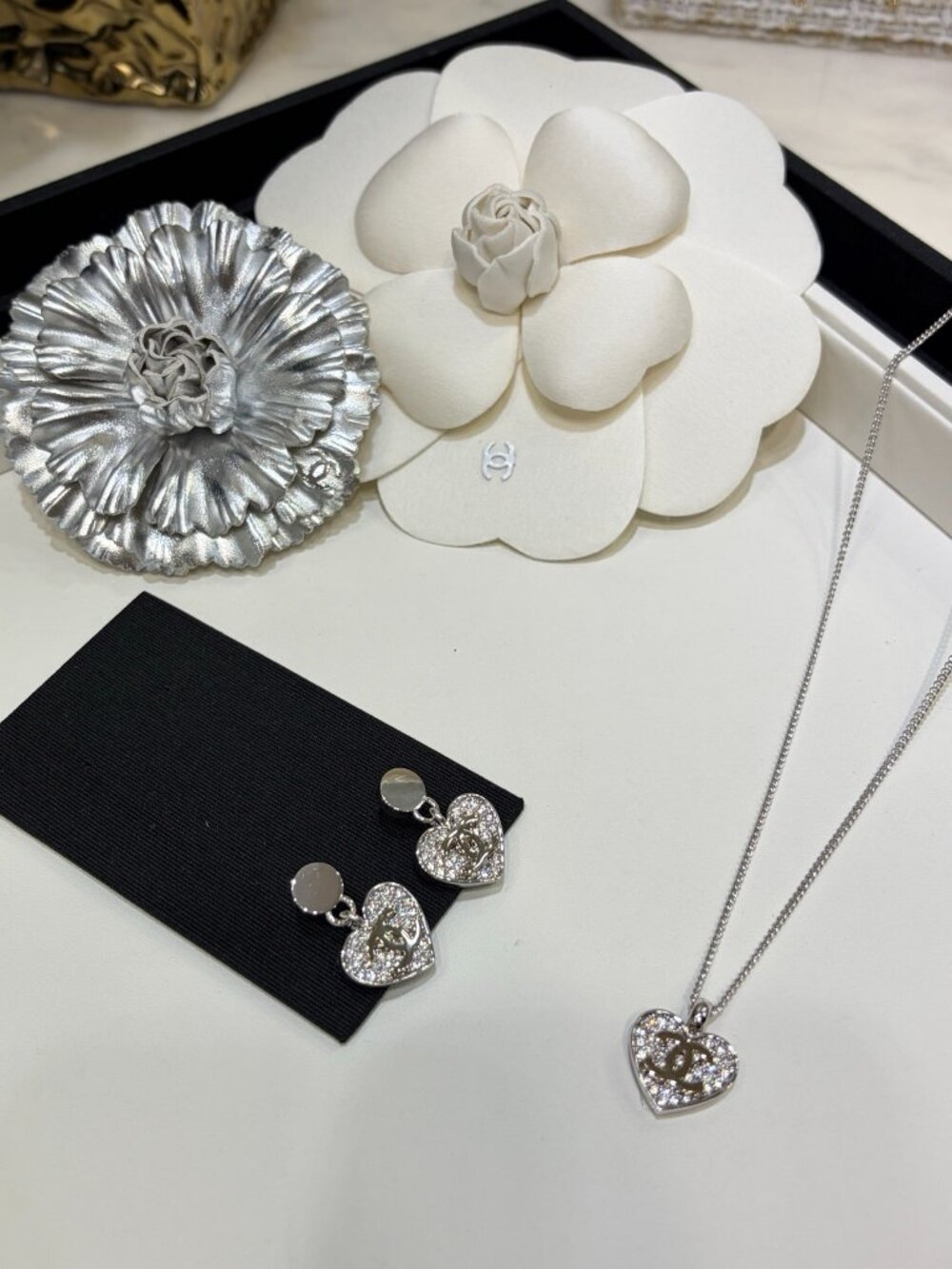 Chanel Silver-Tone Crystal Heart CC Pendant Necklace